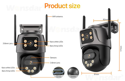 Caméra IP WIFI à trois écrans pour l'extérieur, 4K, double objectif, PTZ, détection humaine Ai, étanche IP66, vidéosurveillance, sécurité, iCsee