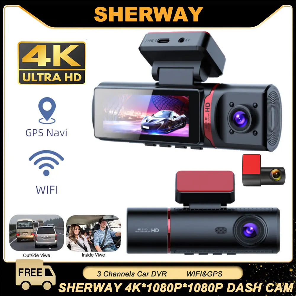 Dashcam 4K 3 canaux GPS avant arrière intérieur taxi VTC
