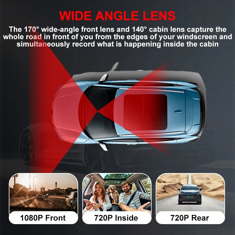 Infographie mini dashcam 1080P WiFi trois caméras vision nocturne
