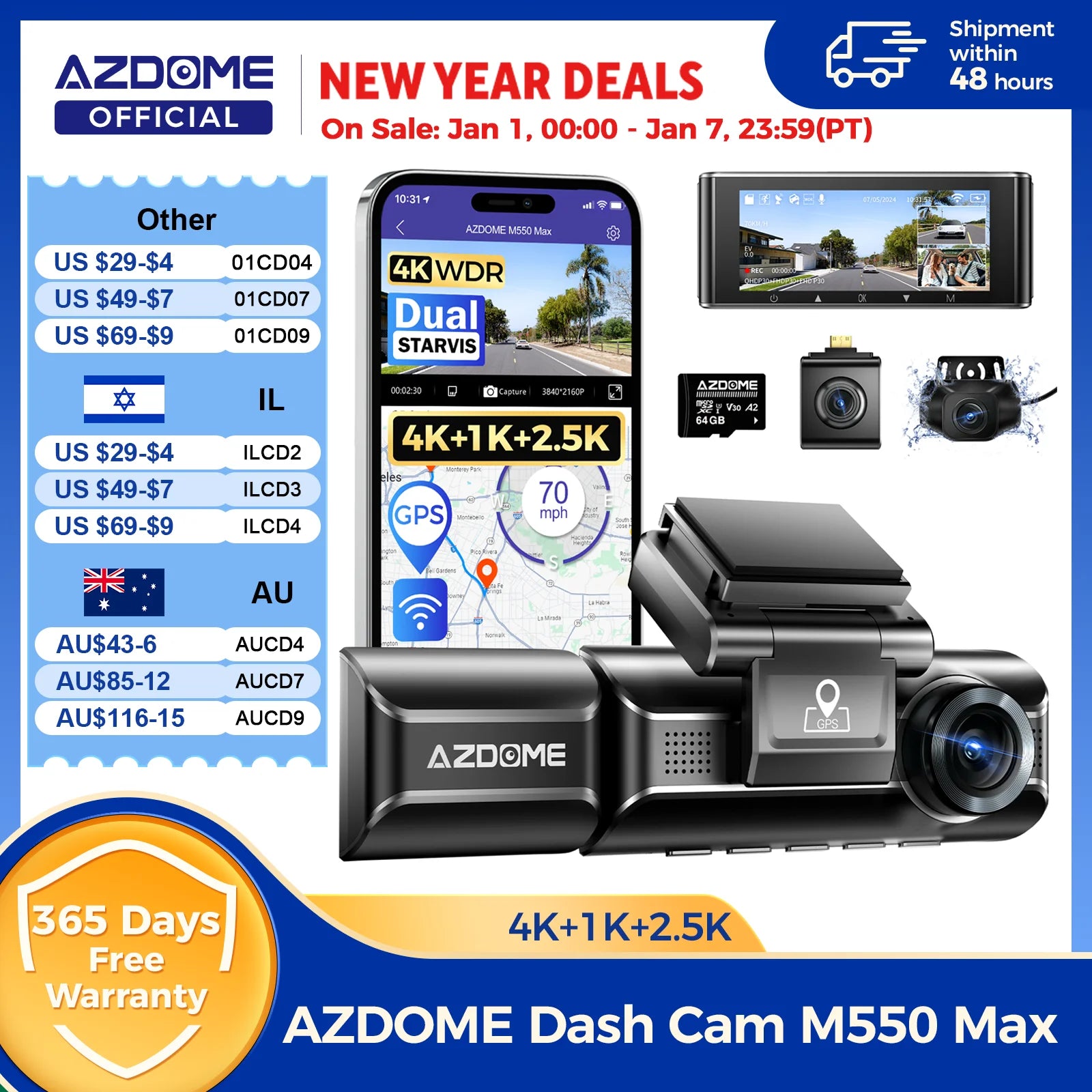 AZDOME M550 Max dashcam 4K GPS WiFi angle 150 degrés
