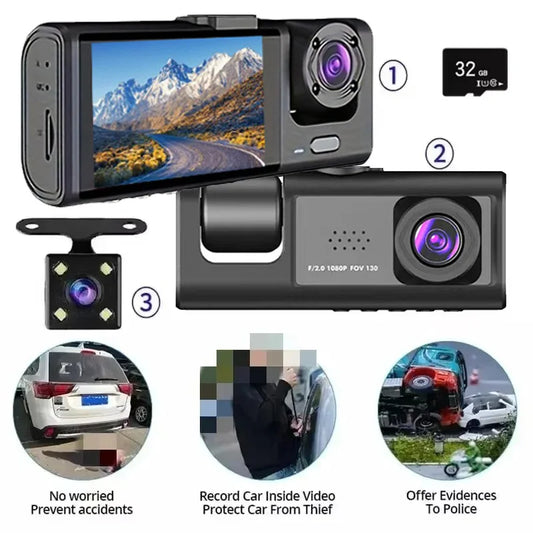 Dashcam 1080P 3 canaux écran IPS 2 pouces haute résolution
