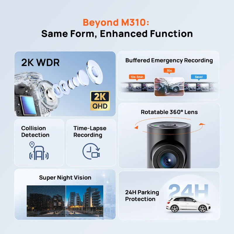 Pack 70mai M310 Plus dashcam 2K support câble manuel
