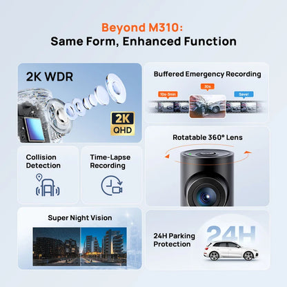 Pack 70mai M310 Plus dashcam 2K support câble manuel
