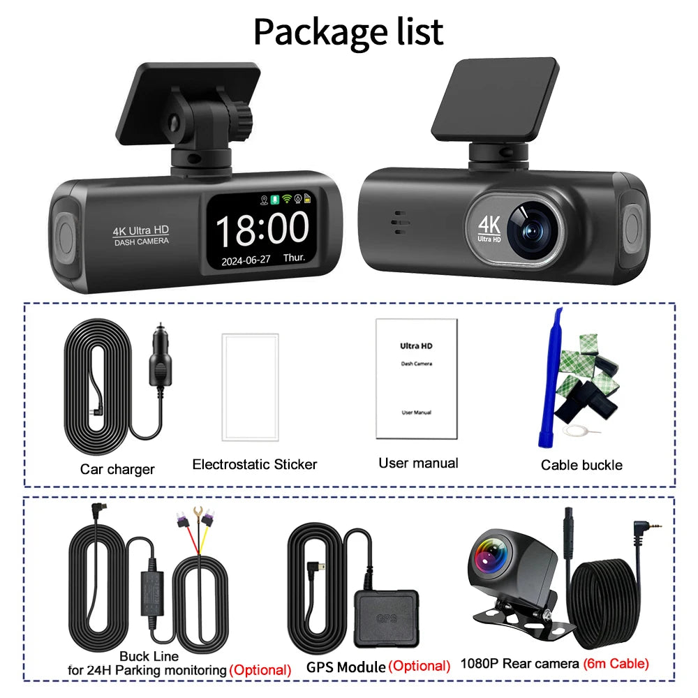 Pack complet dashcam 4K GPS caméra arrière câbles accessoires
