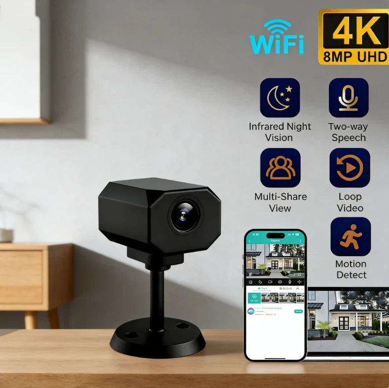 Mini caméra de sécurité WiFi 4K HD, surveillance intérieure intelligente pour la maison, avec application de surveillance à distance, design léger et portable