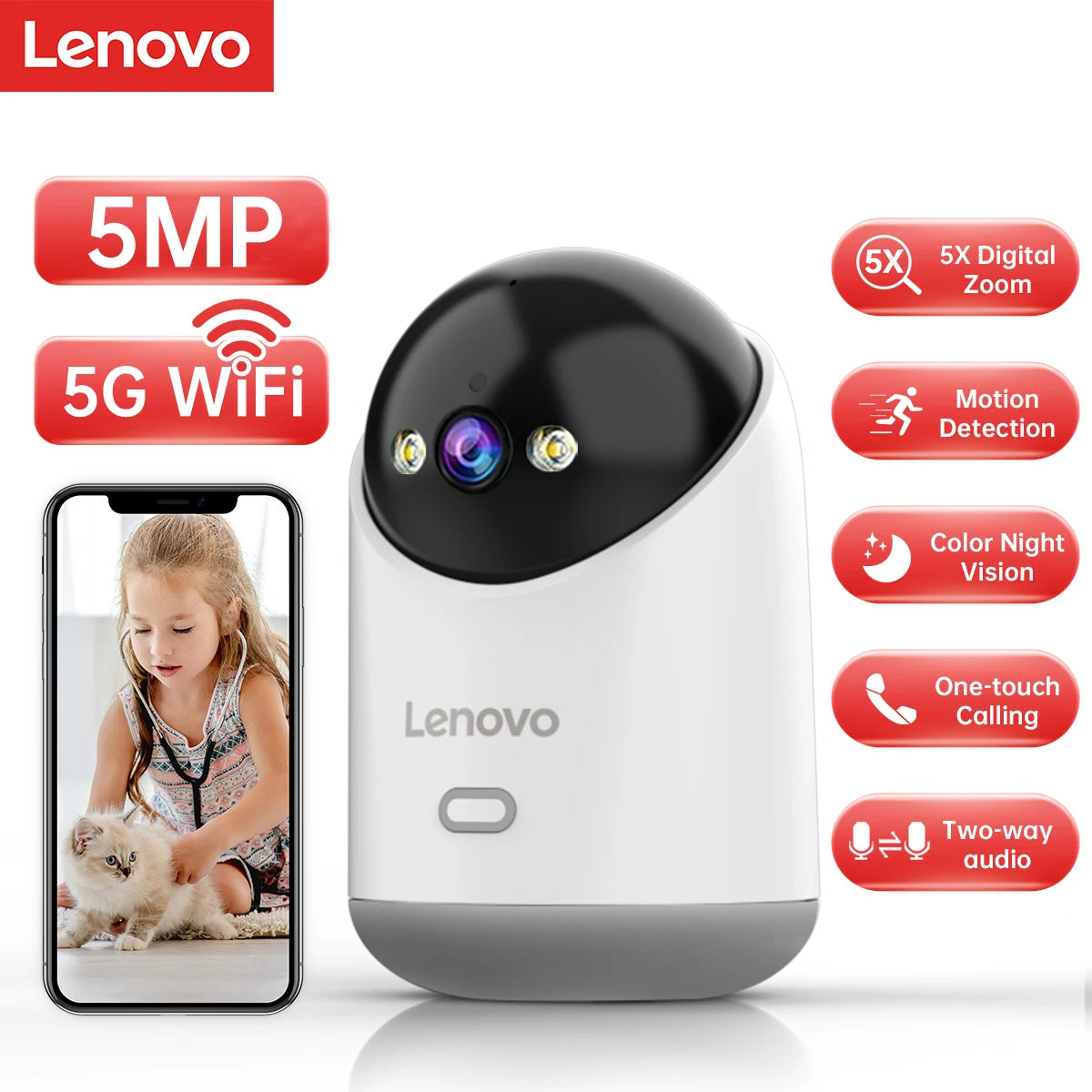 Lenovo caméra bébé 5MP WiFi suivi automatique