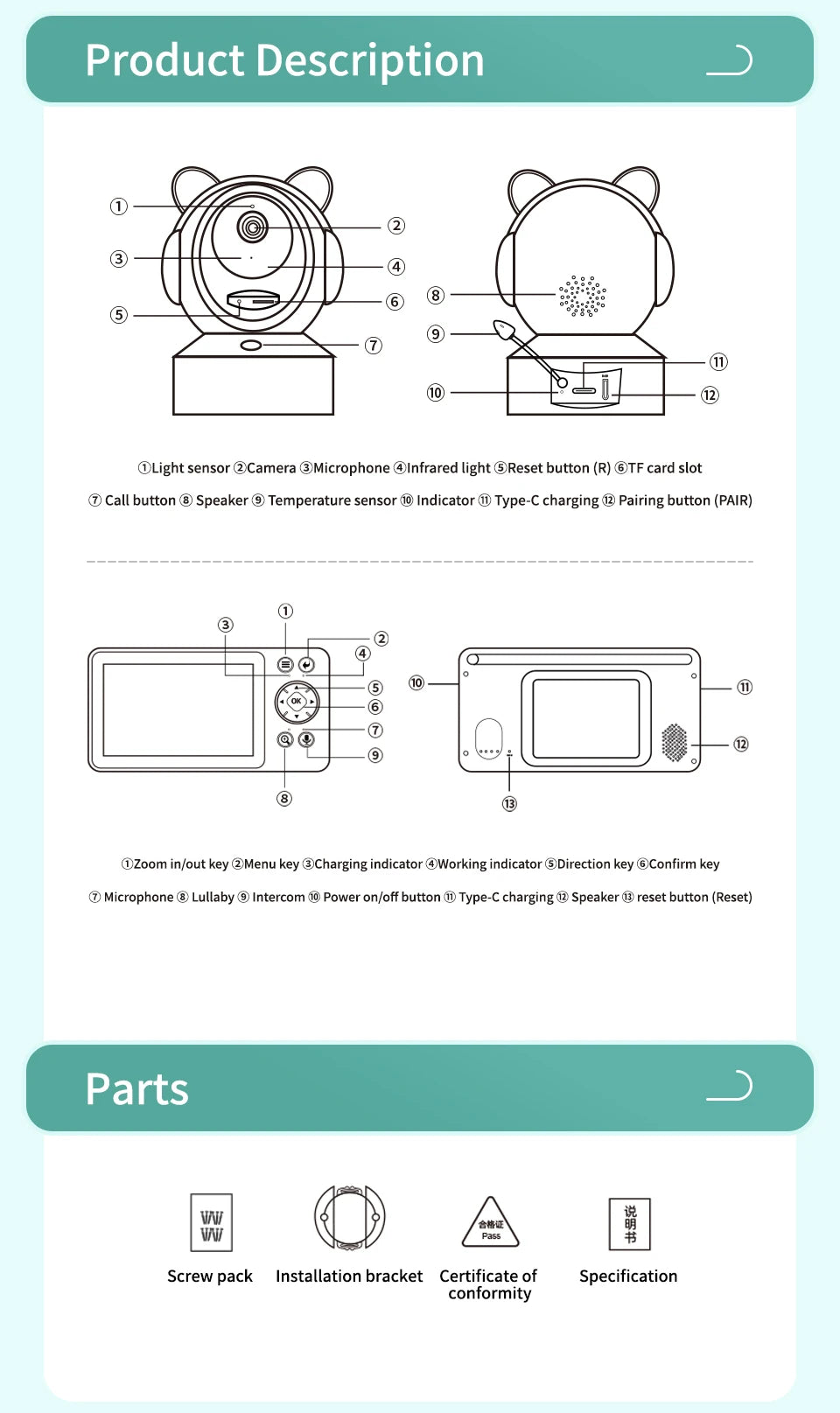 Pack moniteur bébé DANMINI caméra rotative accessoires