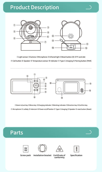 Pack moniteur bébé DANMINI caméra rotative accessoires