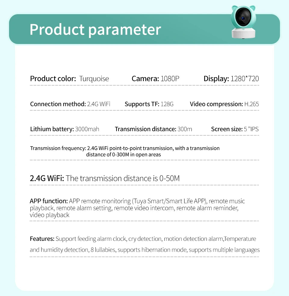 Bébé moniteur 2K haute définition WiFi télécommande application mobile