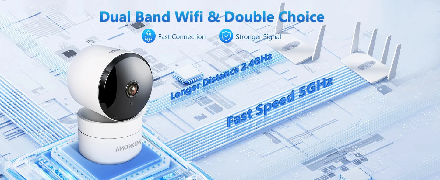 AMOROM 2K caméra intérieure 5/2.4G Wi-Fi maison Vision nocturne caméra de sécurité caméra rotative à 360 degrés AI détection de mouvement caméra IP