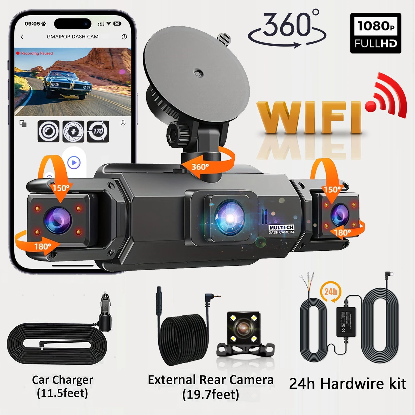 Dashcam 4 Canaux WiFi 1080P - Kit Câblage