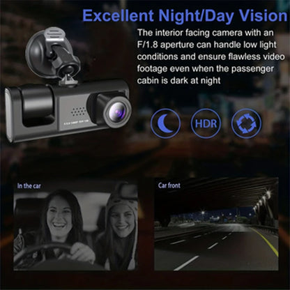 Infographie dashcam 1080P écran IPS trois caméras vision nocturne
