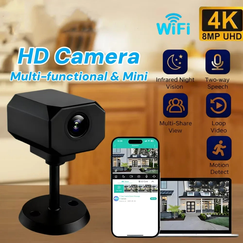 Mini caméra de sécurité WiFi 4K HD, surveillance intérieure intelligente pour la maison, avec application de surveillance à distance, design léger et portable