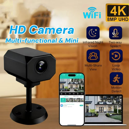 Mini caméra de sécurité WiFi 4K HD, surveillance intérieure intelligente pour la maison, avec application de surveillance à distance, design léger et portable