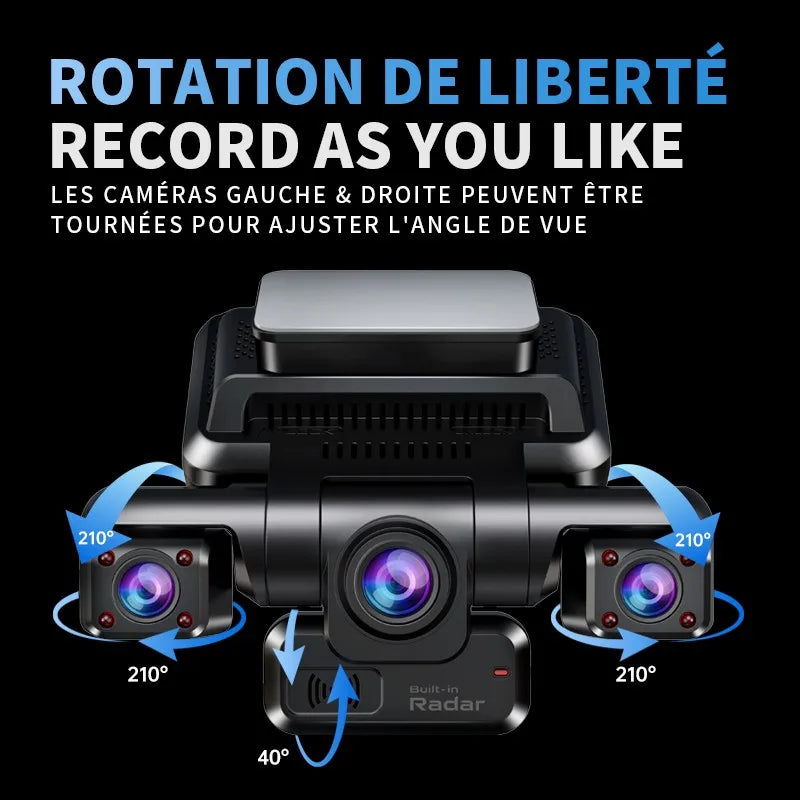 Dashcam 4K quatre caméras avant arrière côtés vision complète
