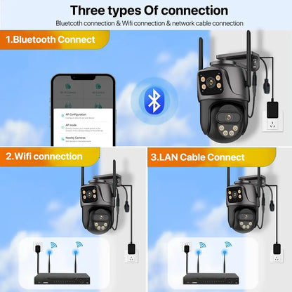 Caméra IP WIFI à trois écrans pour l'extérieur, 4K, double objectif, PTZ, détection humaine Ai, étanche IP66, vidéosurveillance, sécurité, iCsee