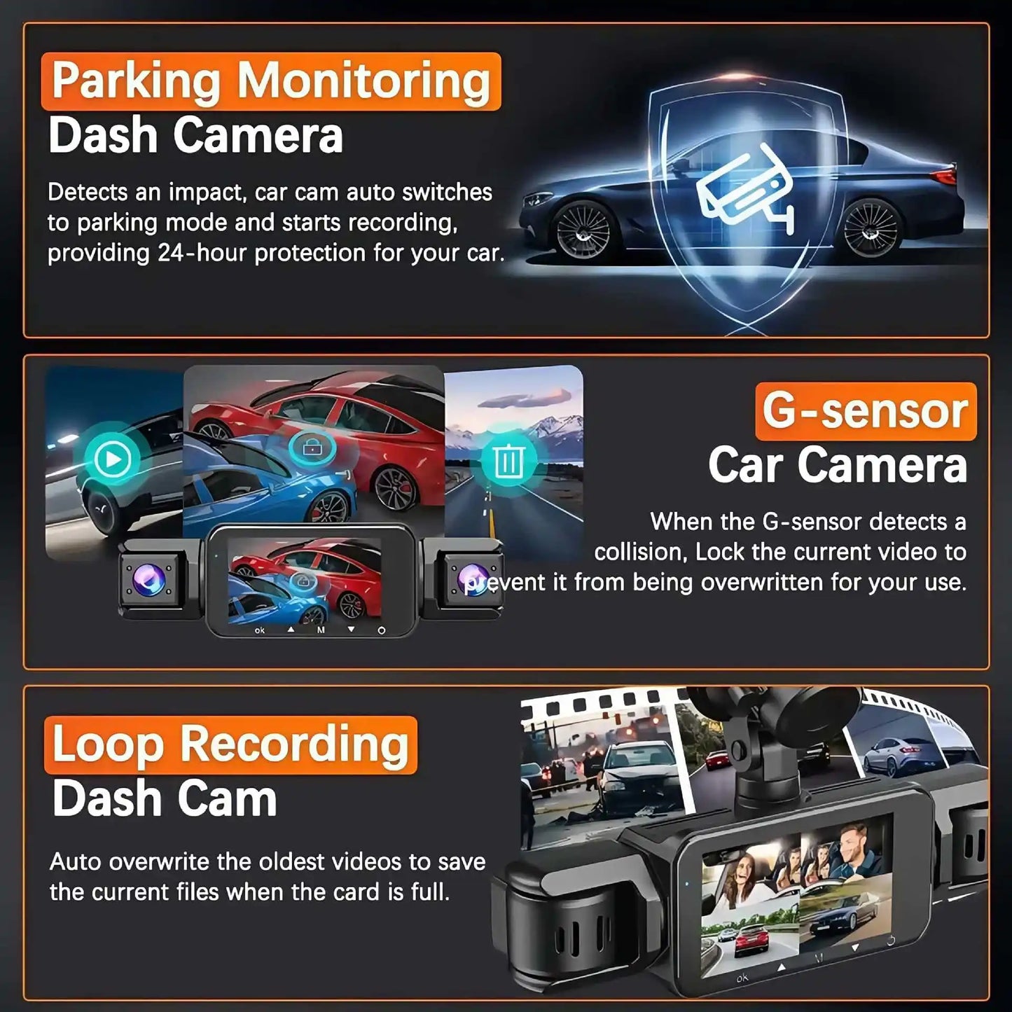 Dashcam 360 écran LCD affichage quatre caméras simultané
