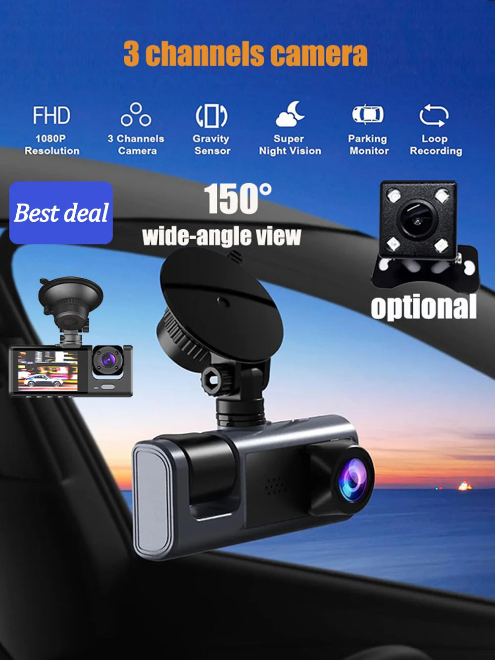 Pack dashcam 1080P caméras optionnelles câbles support
