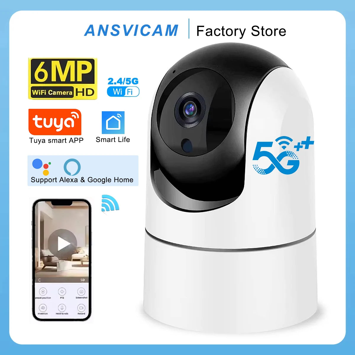 Caméra de sécurité intérieure ANSVICAM Tuya 6MP HD 5G WiFi avec zoom 6x, moniteur pour bébé, vision nocturne, détection automatique de mouvement, audio bidirectionnel