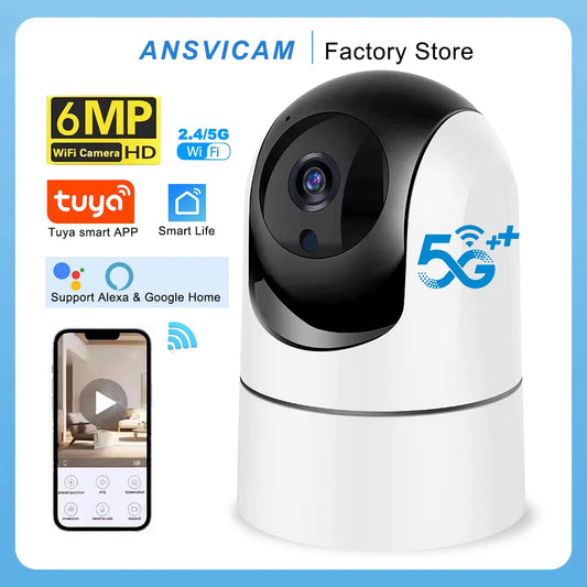 Caméra de sécurité intérieure ANSVICAM Tuya 6MP HD 5G WiFi avec zoom 6x, moniteur pour bébé, vision nocturne, détection automatique de mouvement, audio bidirectionnel