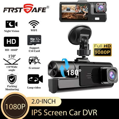 Mini dashcam 1080P 3 canaux WiFi compact avant arrière intérieur
