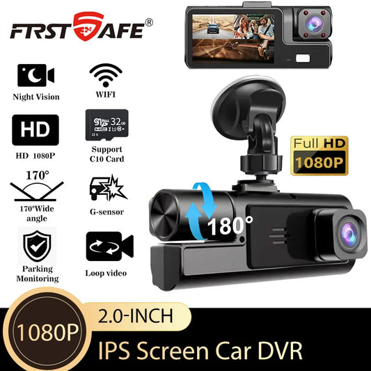 Mini dashcam 1080P 3 canaux WiFi compact avant arrière intérieur
