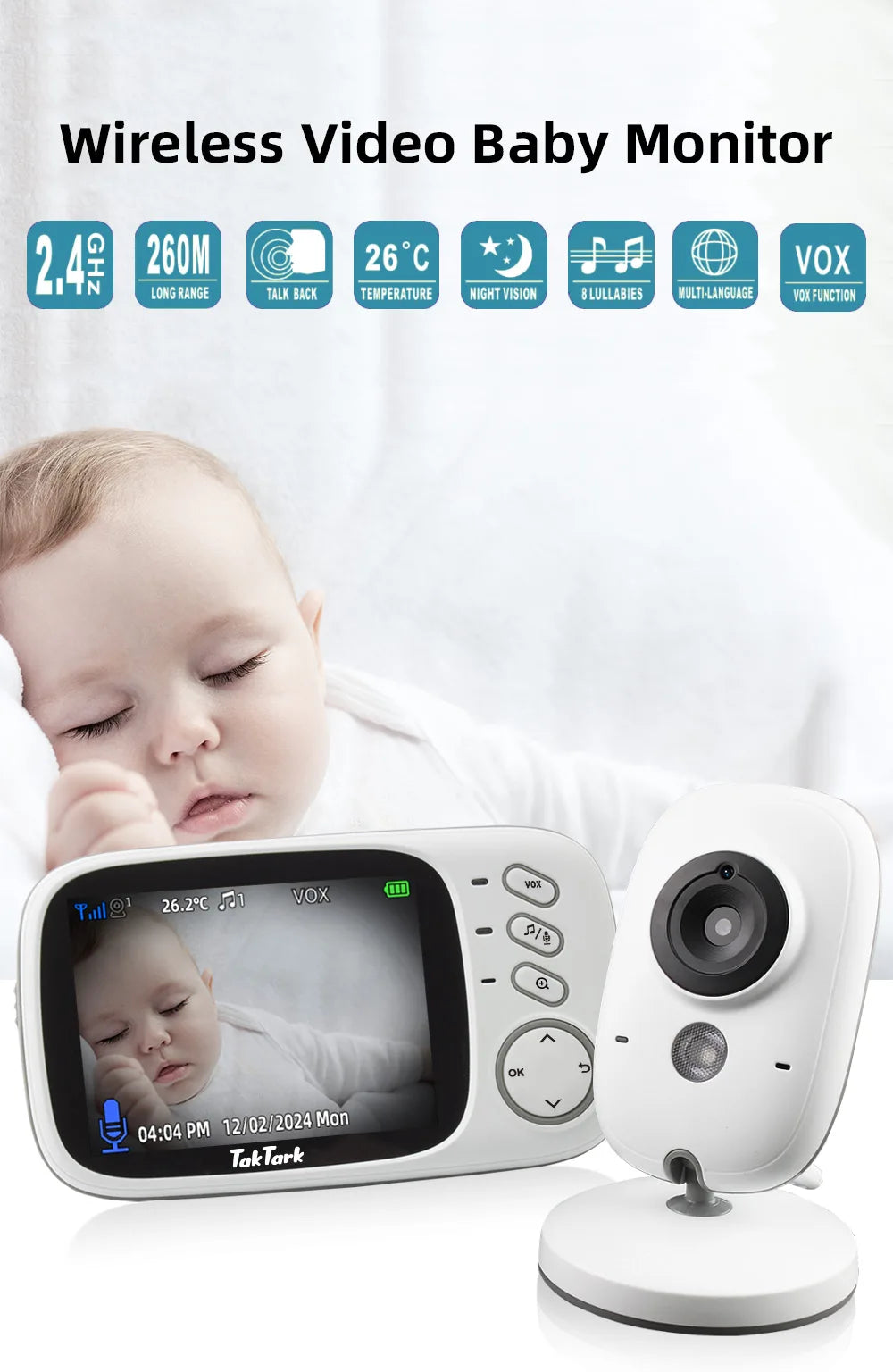 Moniteur Bébé 3.2" - Berceuses Vision Nocturne
