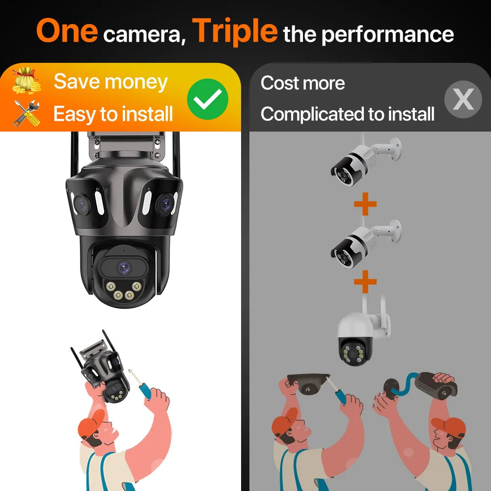 Caméra IP WIFI à trois écrans pour l'extérieur, 4K, double objectif, PTZ, détection humaine Ai, étanche IP66, vidéosurveillance, sécurité, iCsee