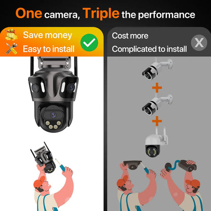 Caméra IP WIFI à trois écrans pour l'extérieur, 4K, double objectif, PTZ, détection humaine Ai, étanche IP66, vidéosurveillance, sécurité, iCsee