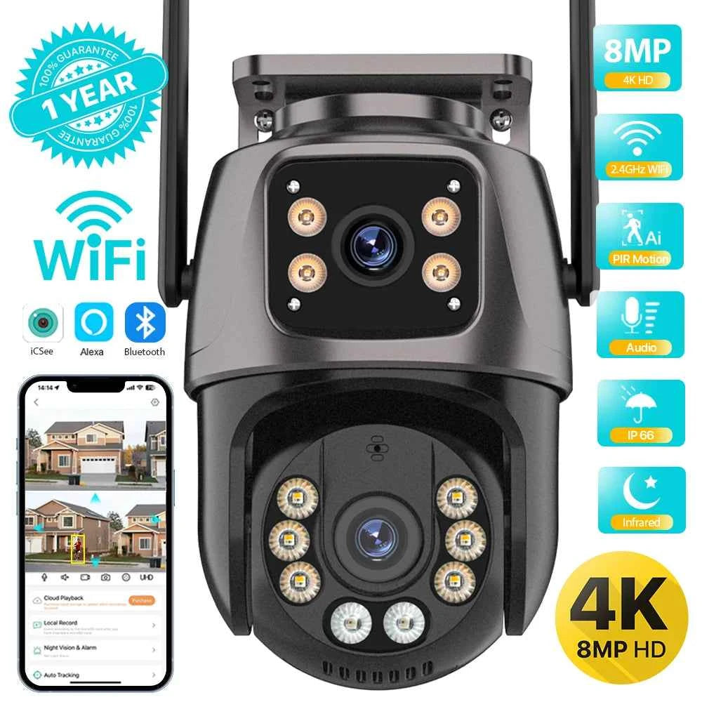 Caméra Extérieure PTZ WiFi 8MP iCSee - Double Objectif 4K, IA Suivi Auto, Audio, IP66