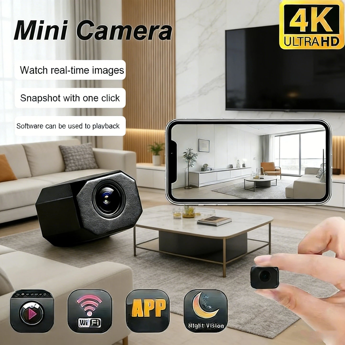 Mini caméra de sécurité WiFi 4K HD, surveillance intérieure intelligente pour la maison, avec application de surveillance à distance, design léger et portable