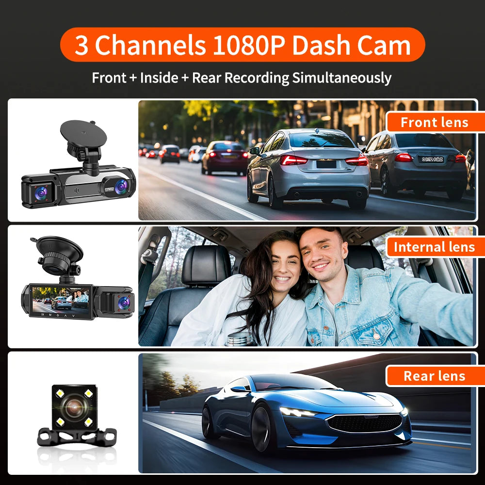 Infographie dashcam 1080P trois canaux vision nocturne enregistrement boucle
