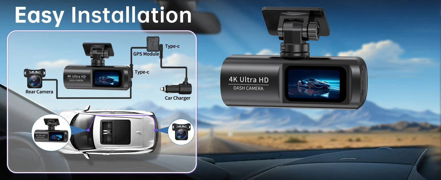 Infographie dashcam 4K double caméra GPS WiFi angle 150 degrés
