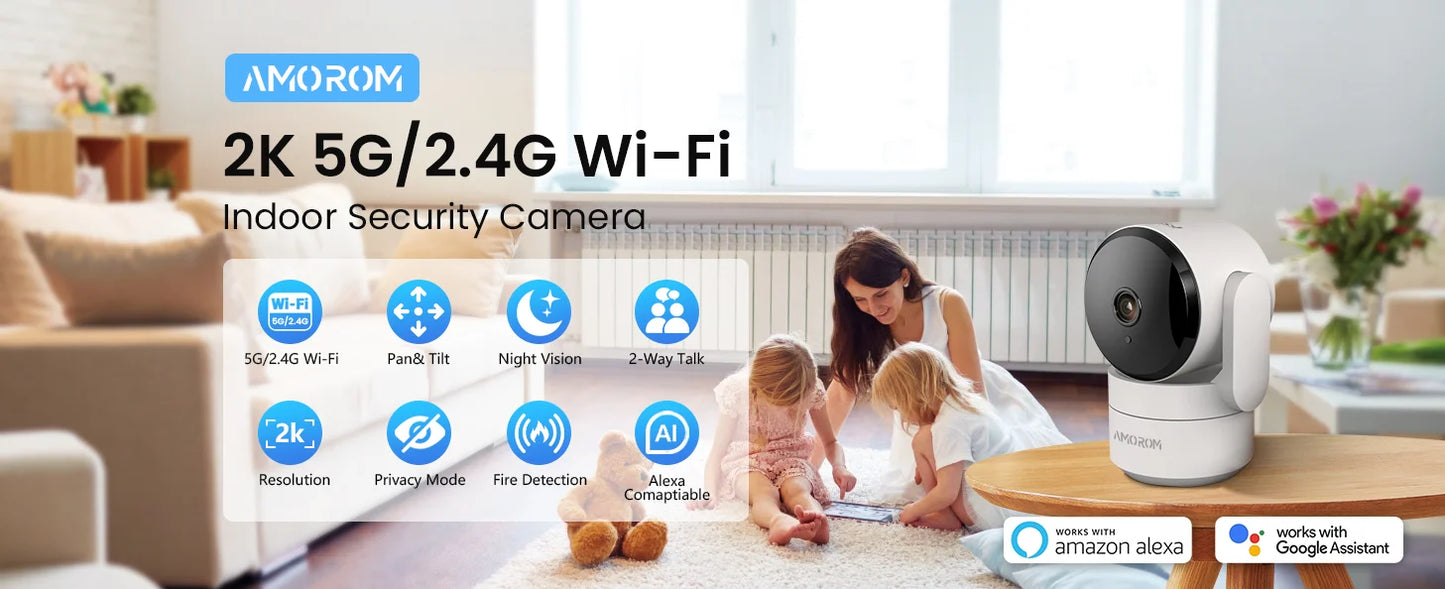 AMOROM 2K caméra intérieure 5/2.4G Wi-Fi maison Vision nocturne caméra de sécurité caméra rotative à 360 degrés AI détection de mouvement caméra IP