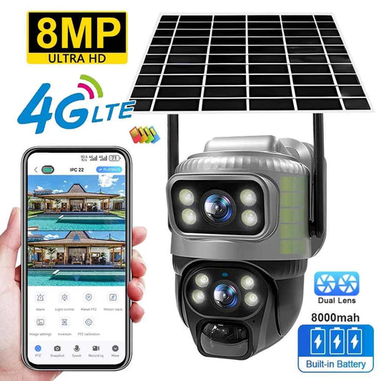 Caméra Solaire 4G Extérieure V380 8MP 4K - Batterie 8000mAh, PIR, Vision Nocturne, IP66