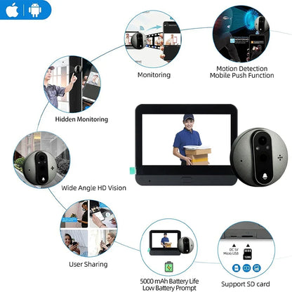 Caméra de sonnette LCD 4.3 pouces, caméra vidéo visuelle pour maison et extérieur, détecteur de porte numérique, WiFi 1080P 2.4G, sonnette électronique