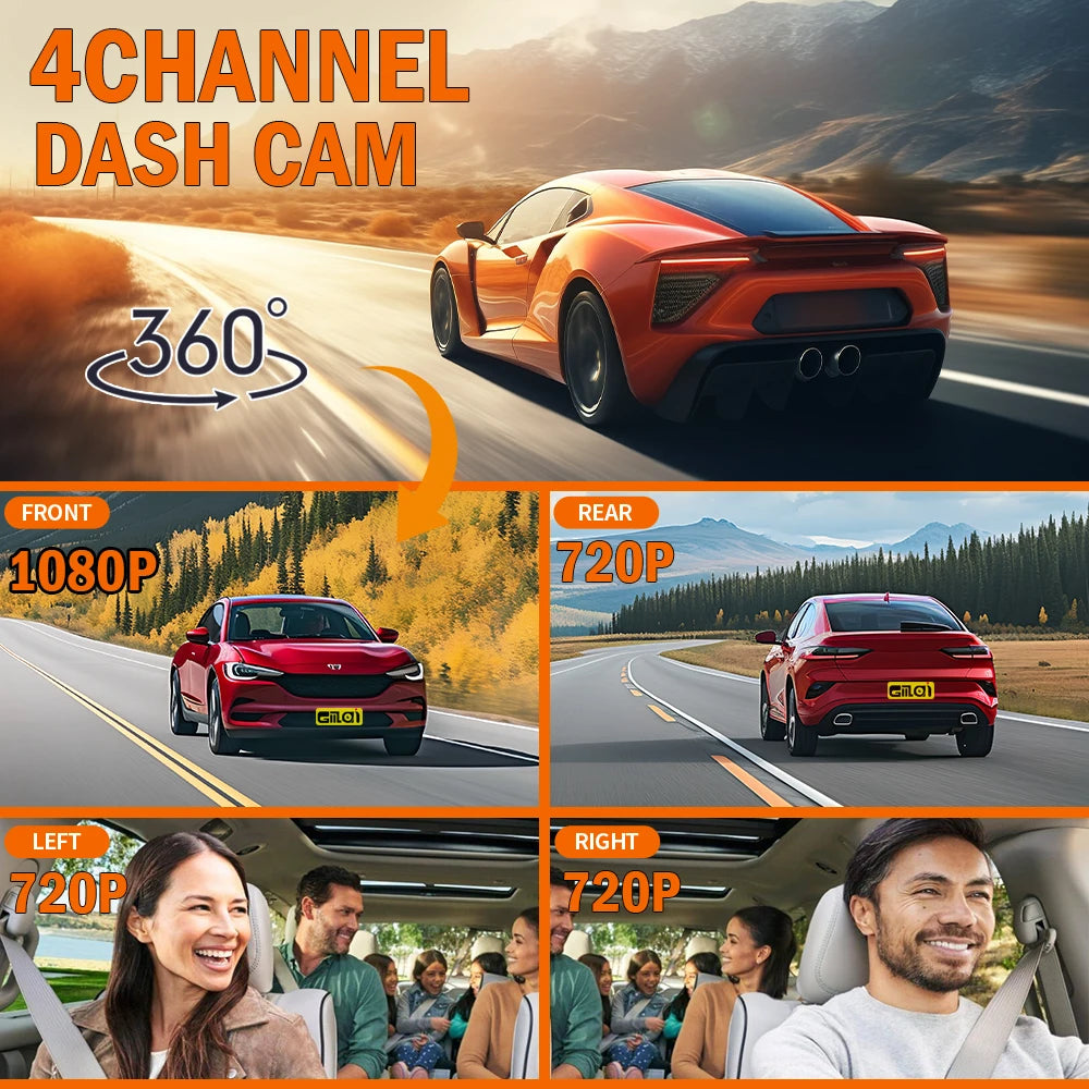 Infographie dashcam 4 canaux WiFi 360 degrés kit câblage parking
