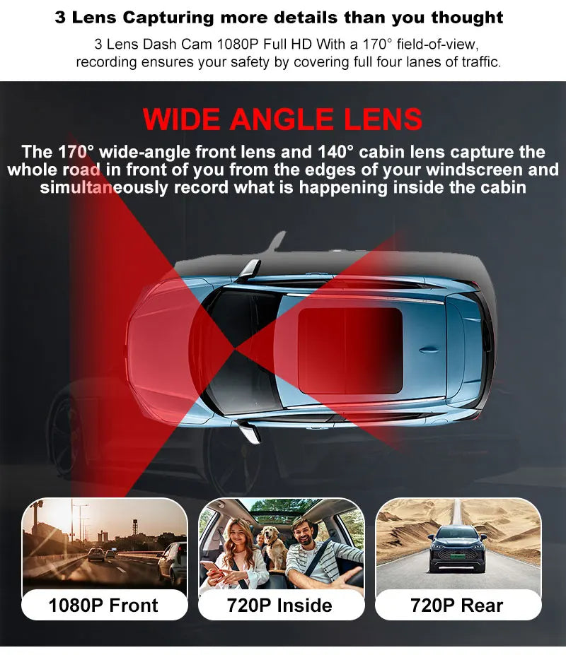 Mini Dashcam WiFi 3 Canaux - 1080P