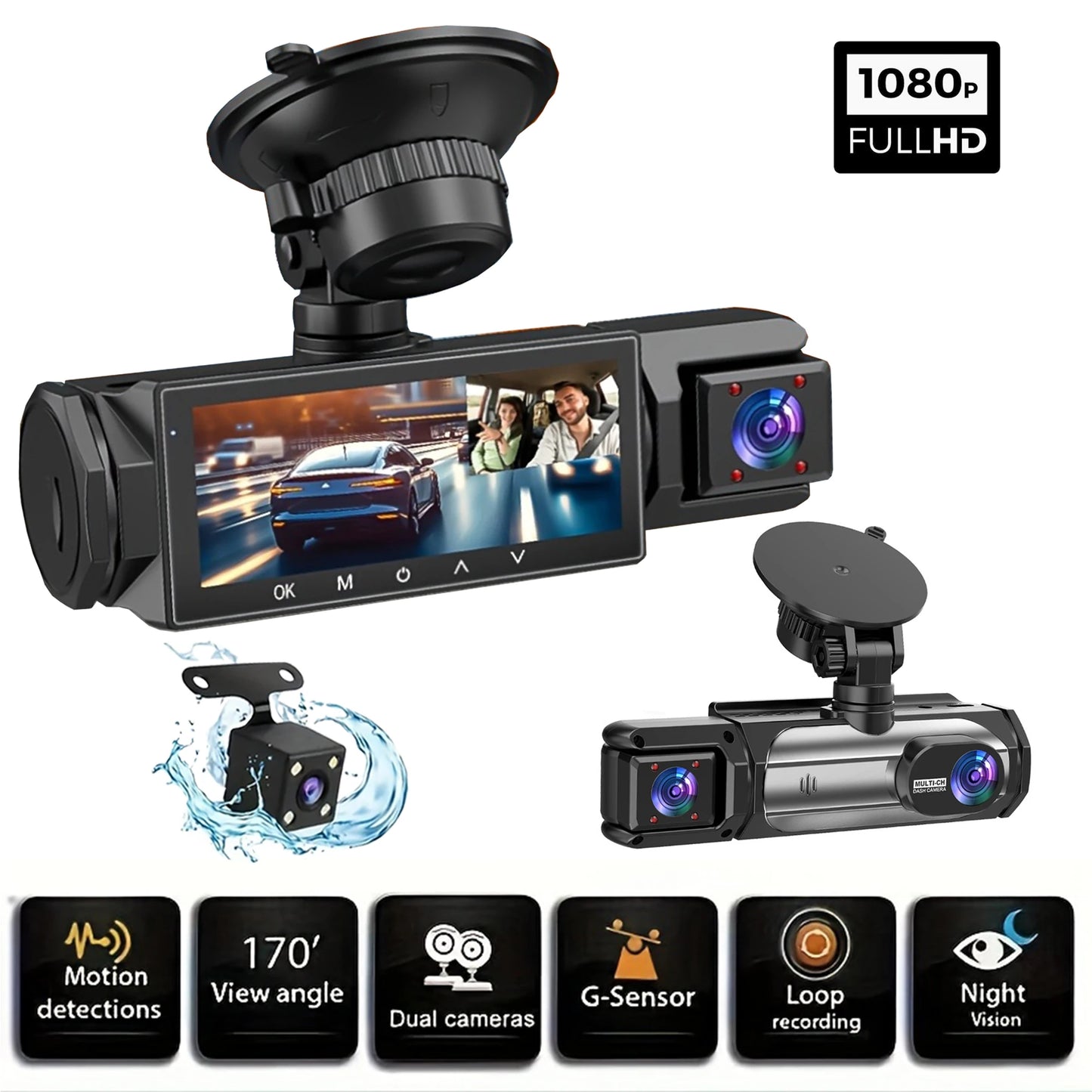 Dashcam 1080P 3 canaux avant arrière intérieur accessoires bonus
