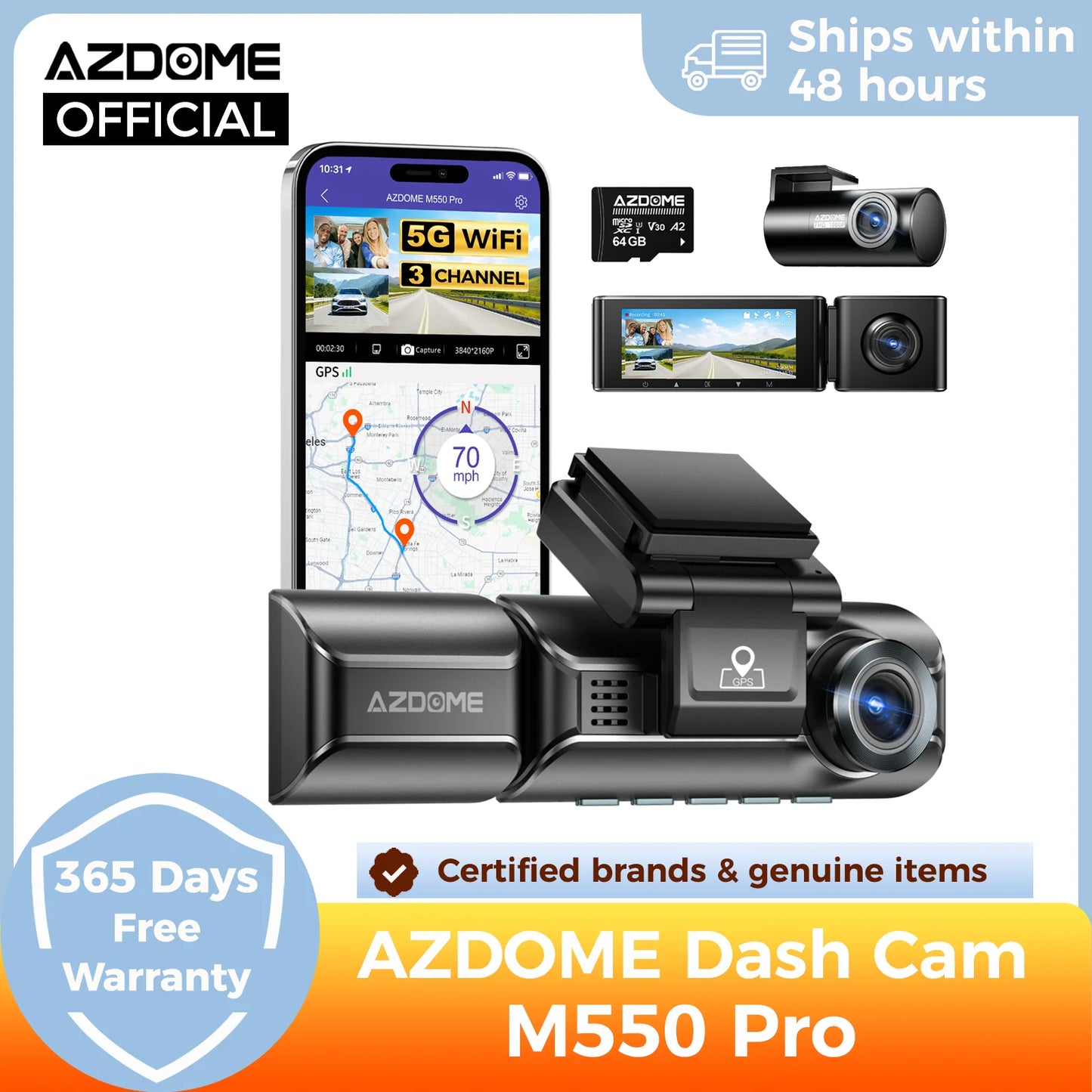 AZDOME M550 Pro dashcam 4K GPS WiFi 3 canaux écran IPS
