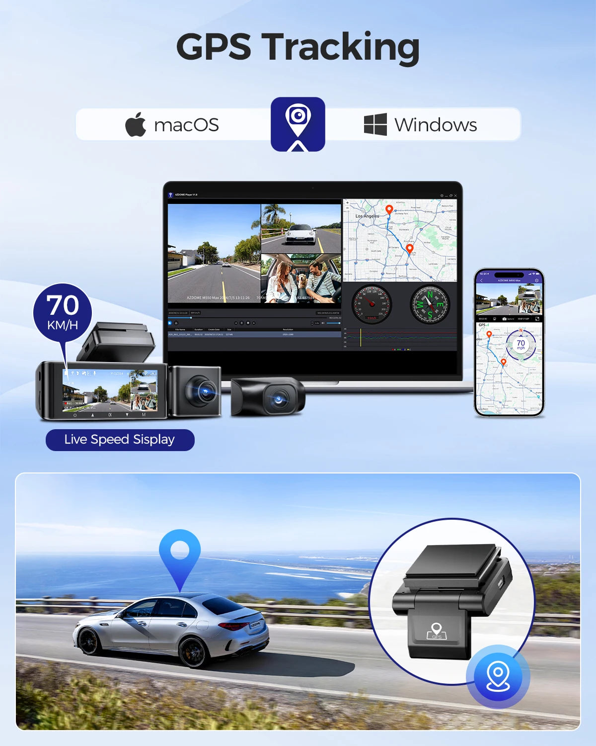 Pack AZDOME M550 Max GPS WiFi trois caméras câbles
