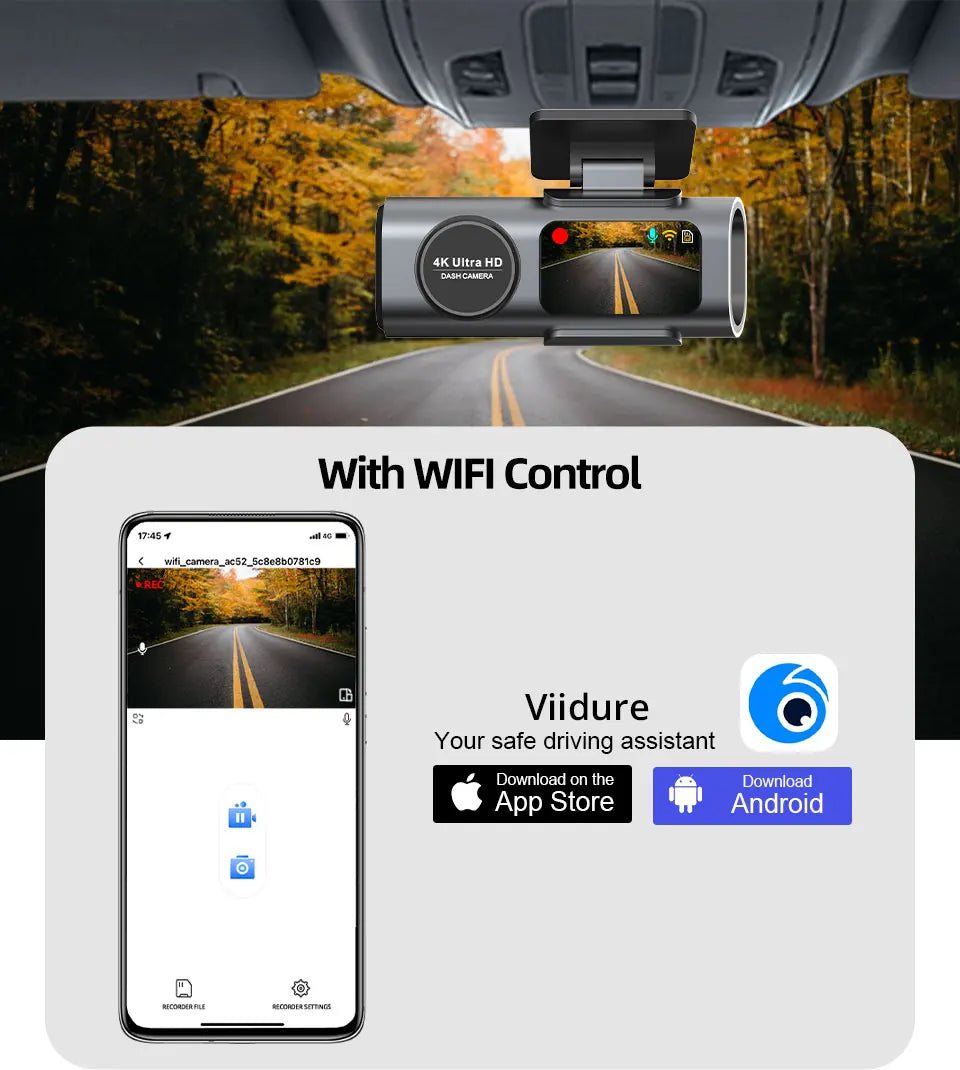 Caméra de tableau de bord 4K UHD pour voiture -  WiFi intégré