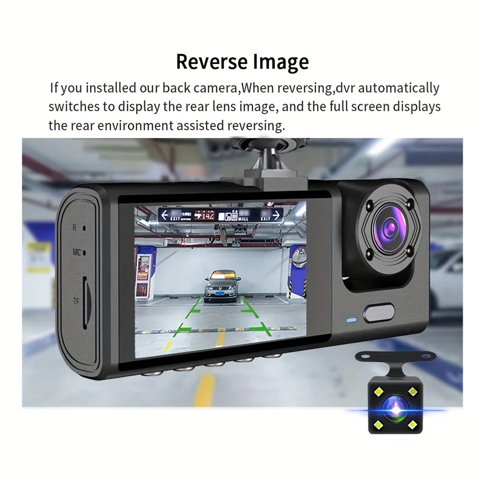 Dashcam 1080P trois caméras avant arrière intérieur simultané
