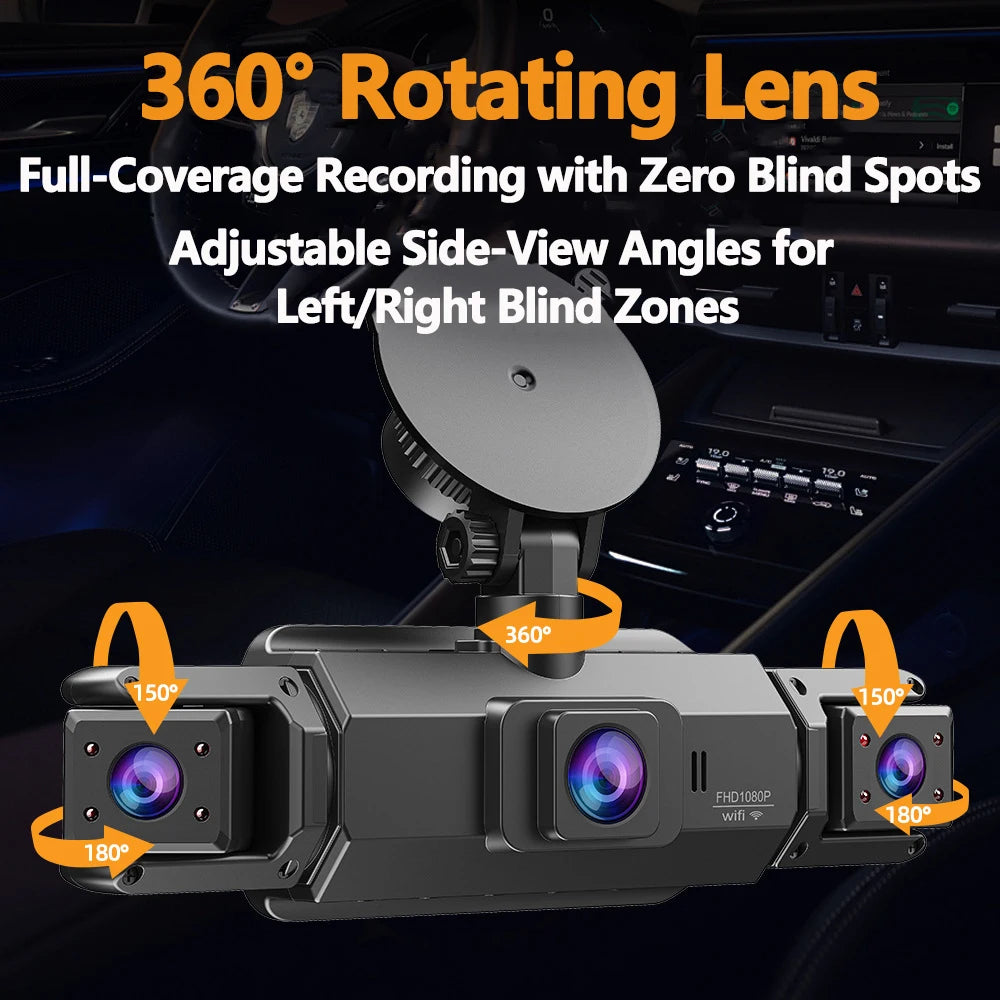 Infographie dashcam 360 quatre caméras 1080P WiFi parking 24H
