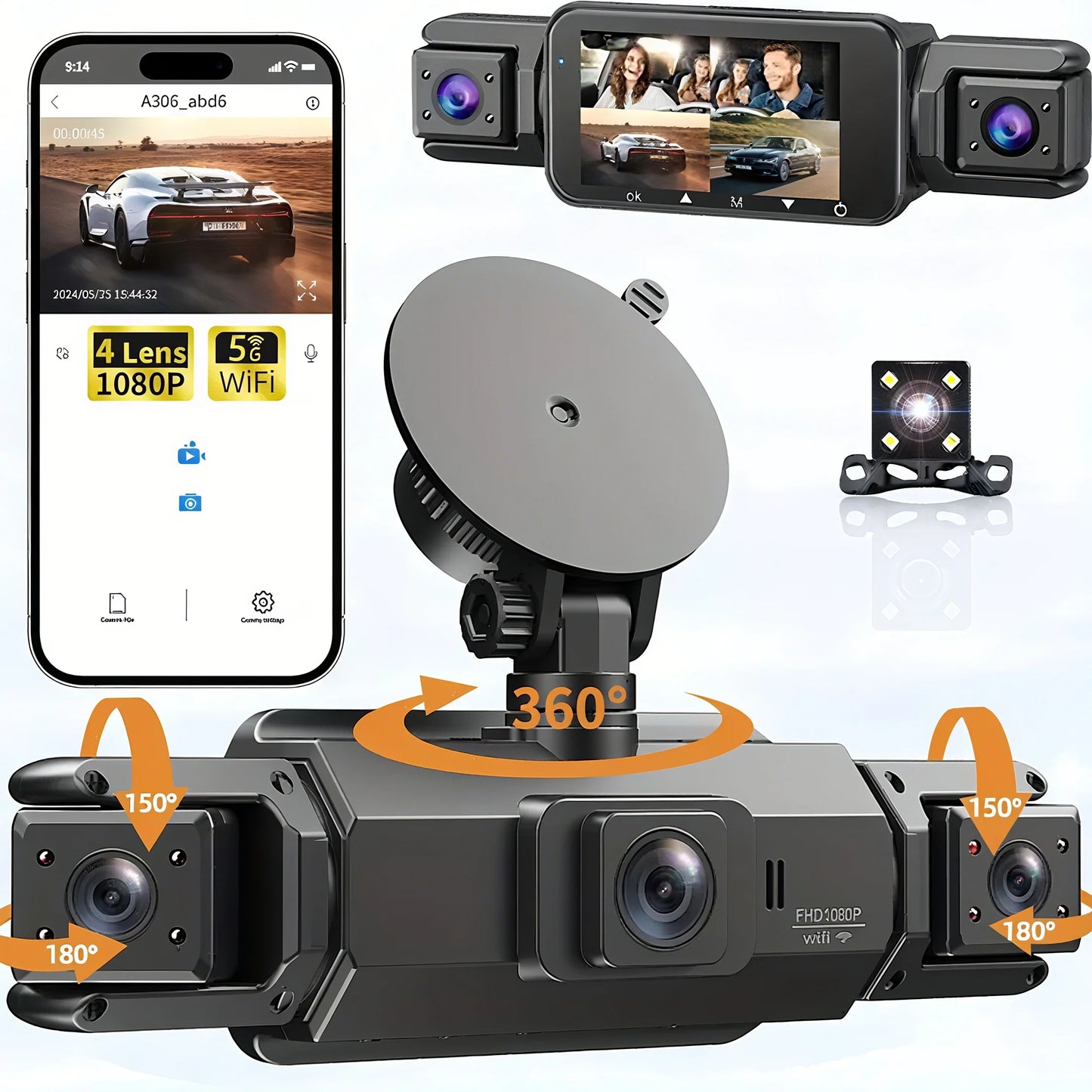 Dashcam 360 degrés 4 canaux couverture complète WiFi
